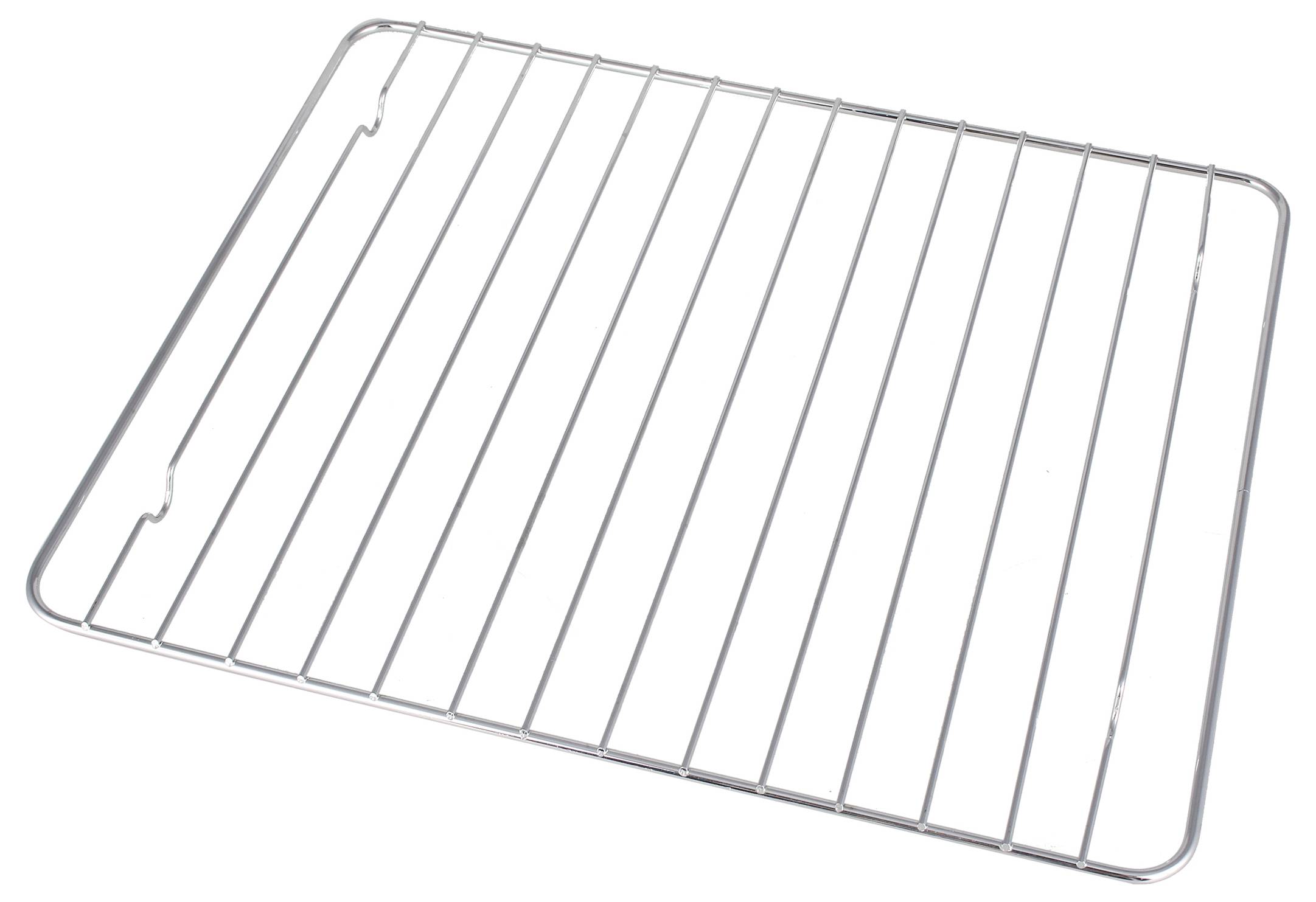 Simple, silver oven rack with parallel metal bars.