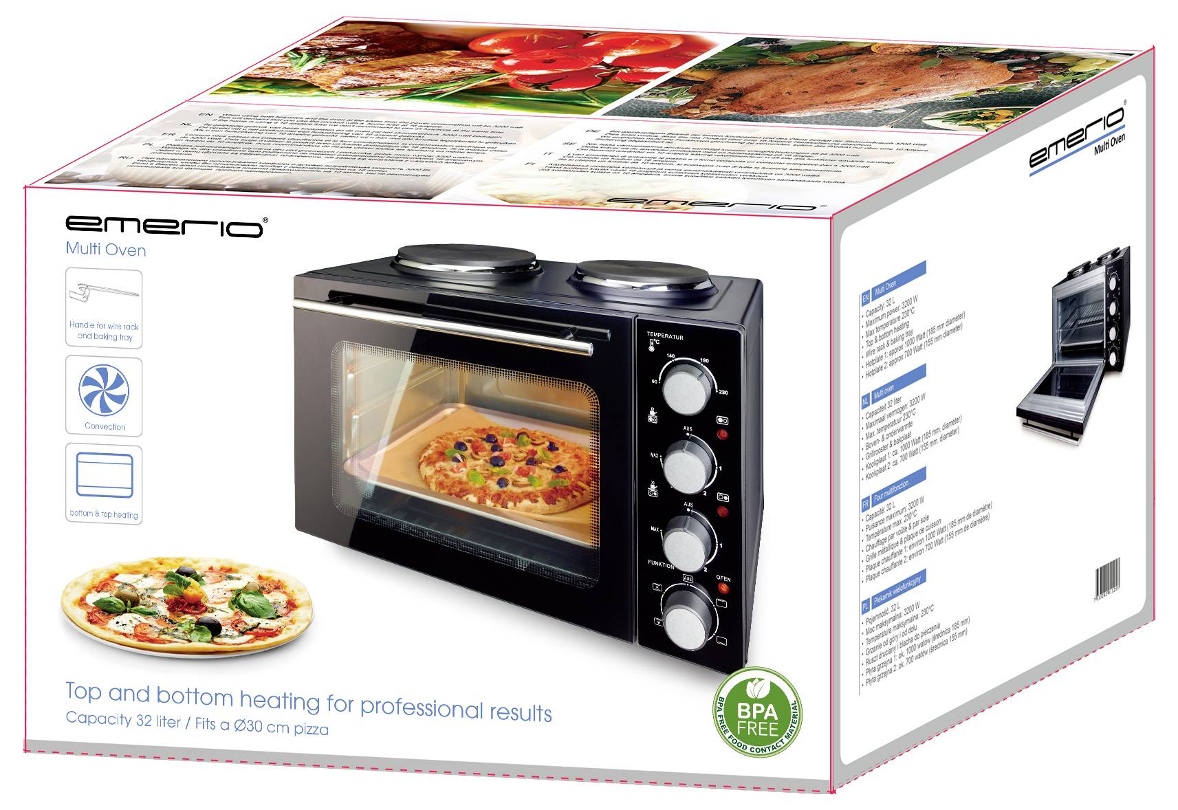 Cardboard box of an Emerio oven with an image of an oven and pizzas. Text highlights features such as top/bottom heat and 32-litre capacity.
