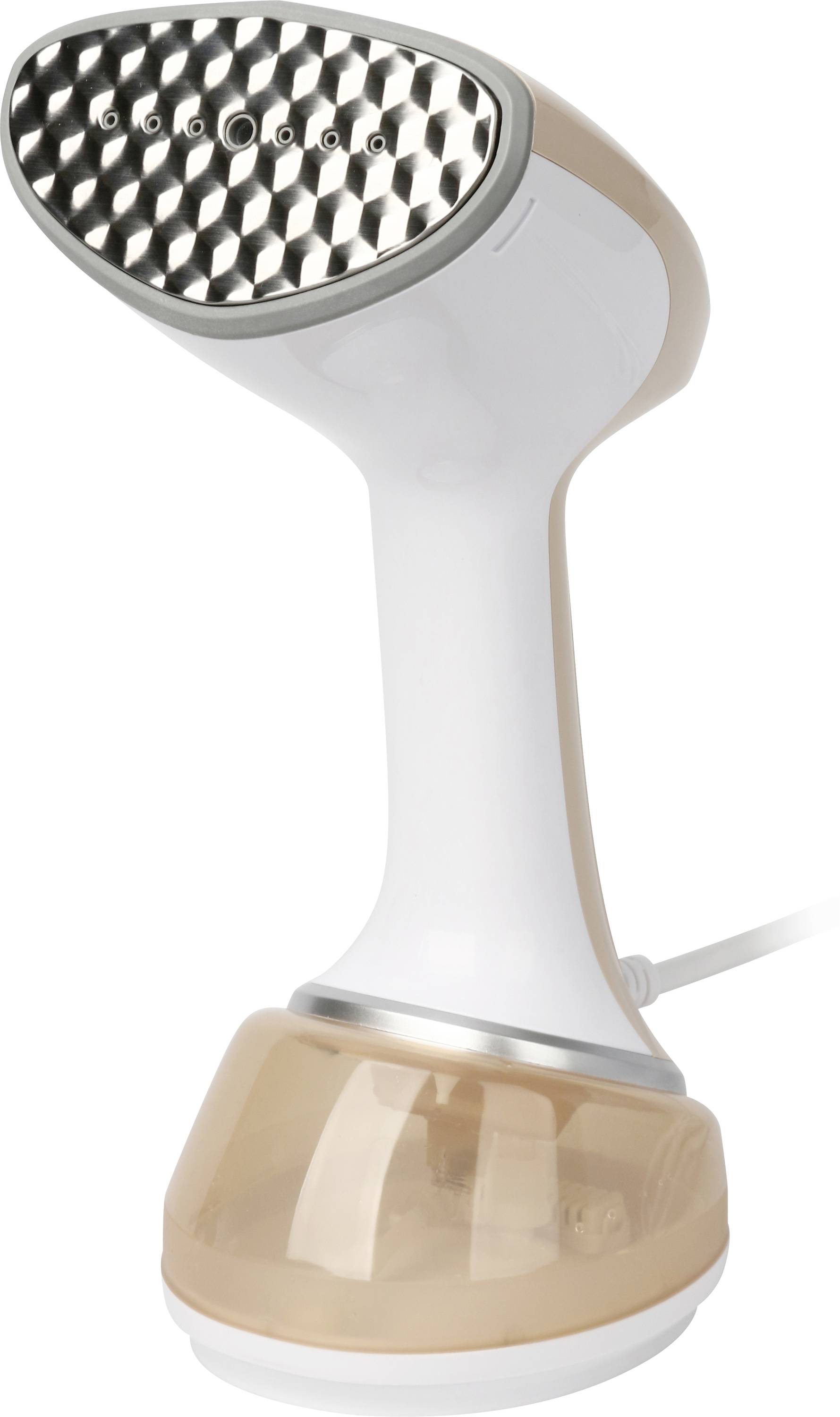 Steam brush in beige and white, with a flat, perforated head and a water tank, ideal for smoothing clothing.