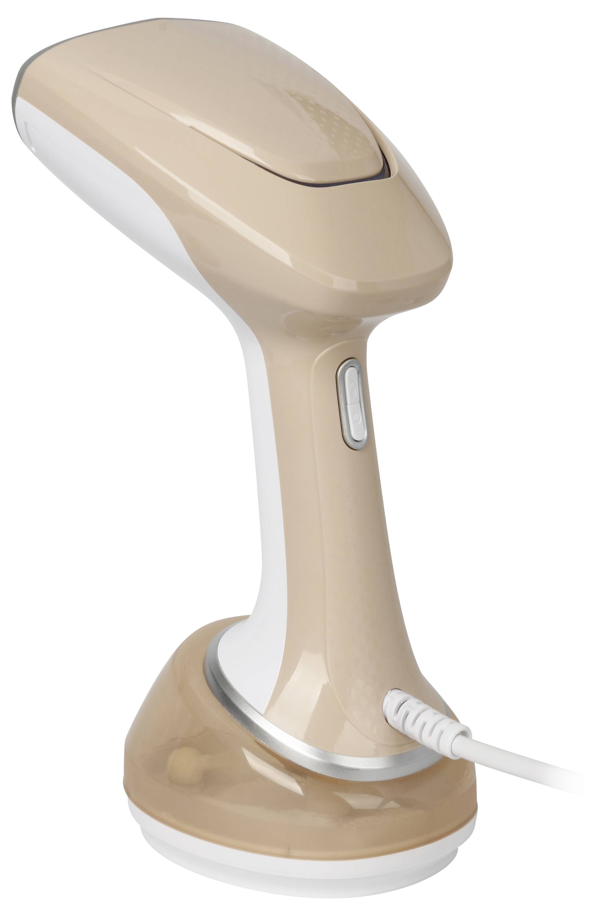 A beige hand steamer with cable, standing upright on its base. Ideal for smoothing clothing without an ironing board.
