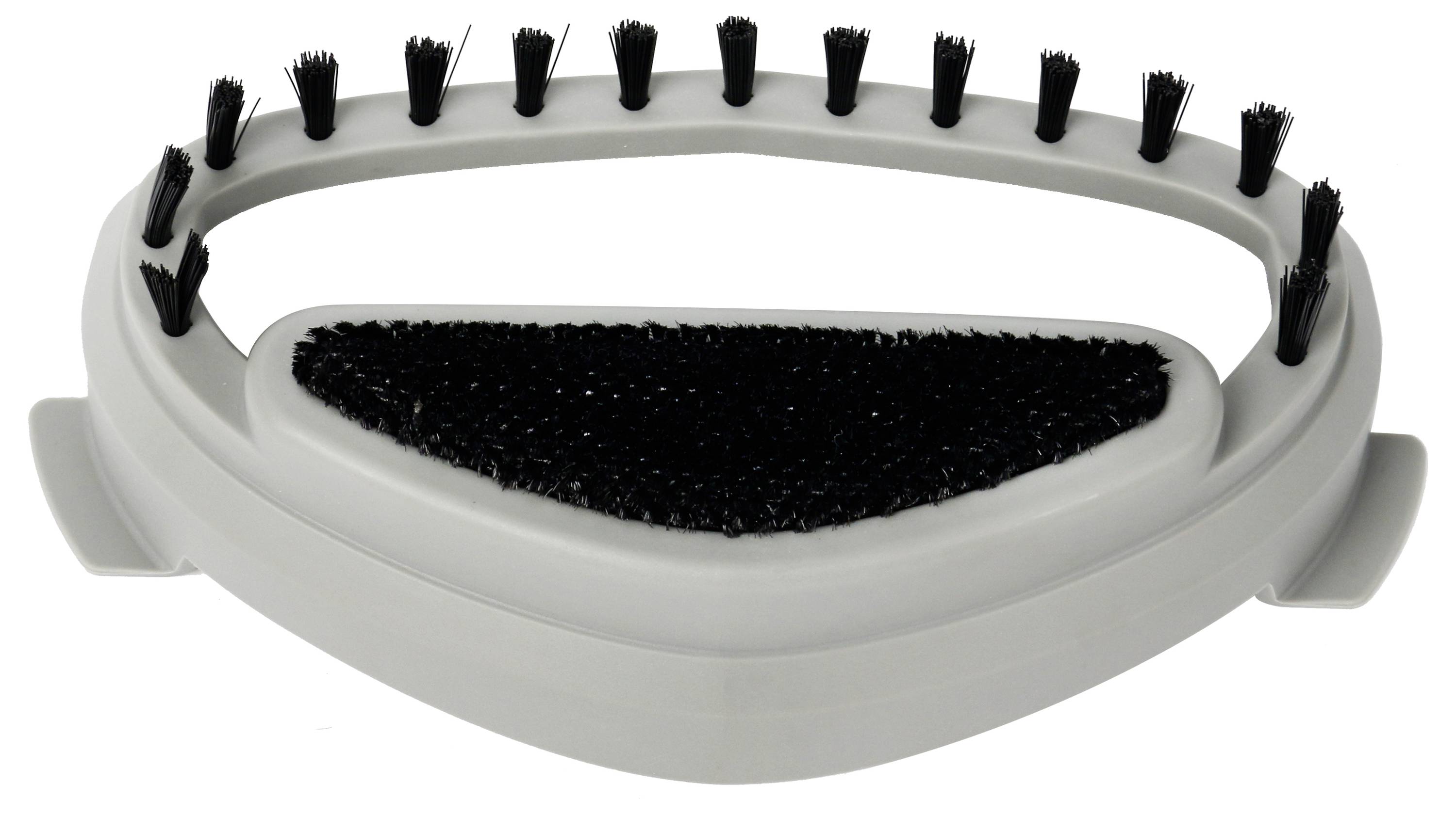Grey triangular brush with black bristles on the outside and black felt in the middle. Suitable for cleaning or polishing.