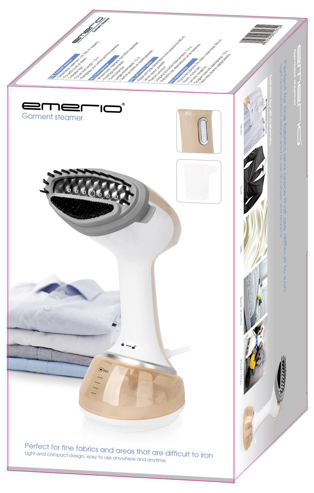 'Emerio garment steamer shown on packaging. Ideal for delicate fabrics, lightweight and compact. Perfect for hard-to-reach areas.'