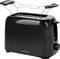 A black toaster with two slots and a bread roll attachment on the top.