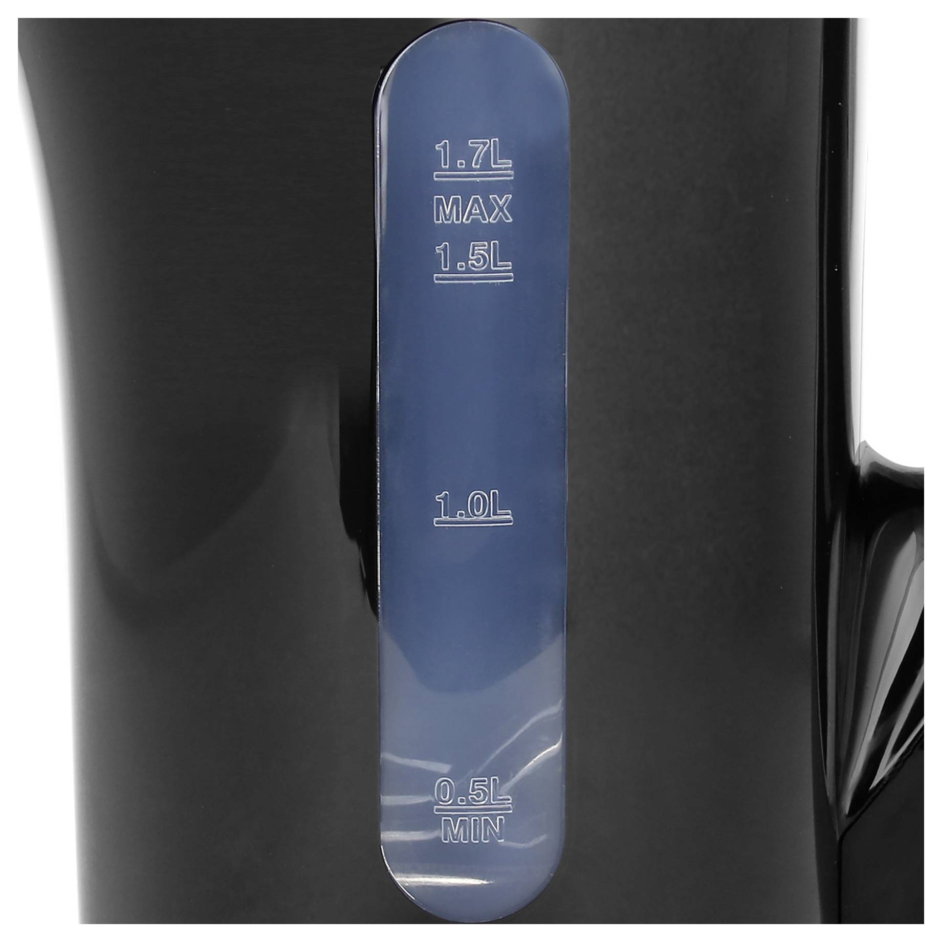 Electric kettle with 1.7-litre maximum indicator and 0.5-litre minimum indicator on a scale on the side.