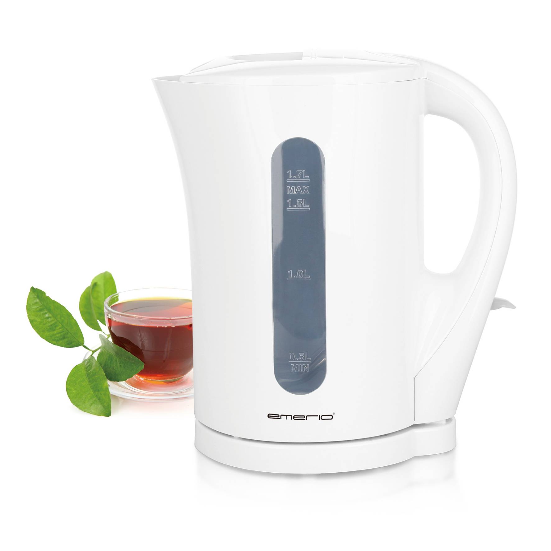 Plastic kettle next to a cup of tea on a white background. Water level indicator on the side.