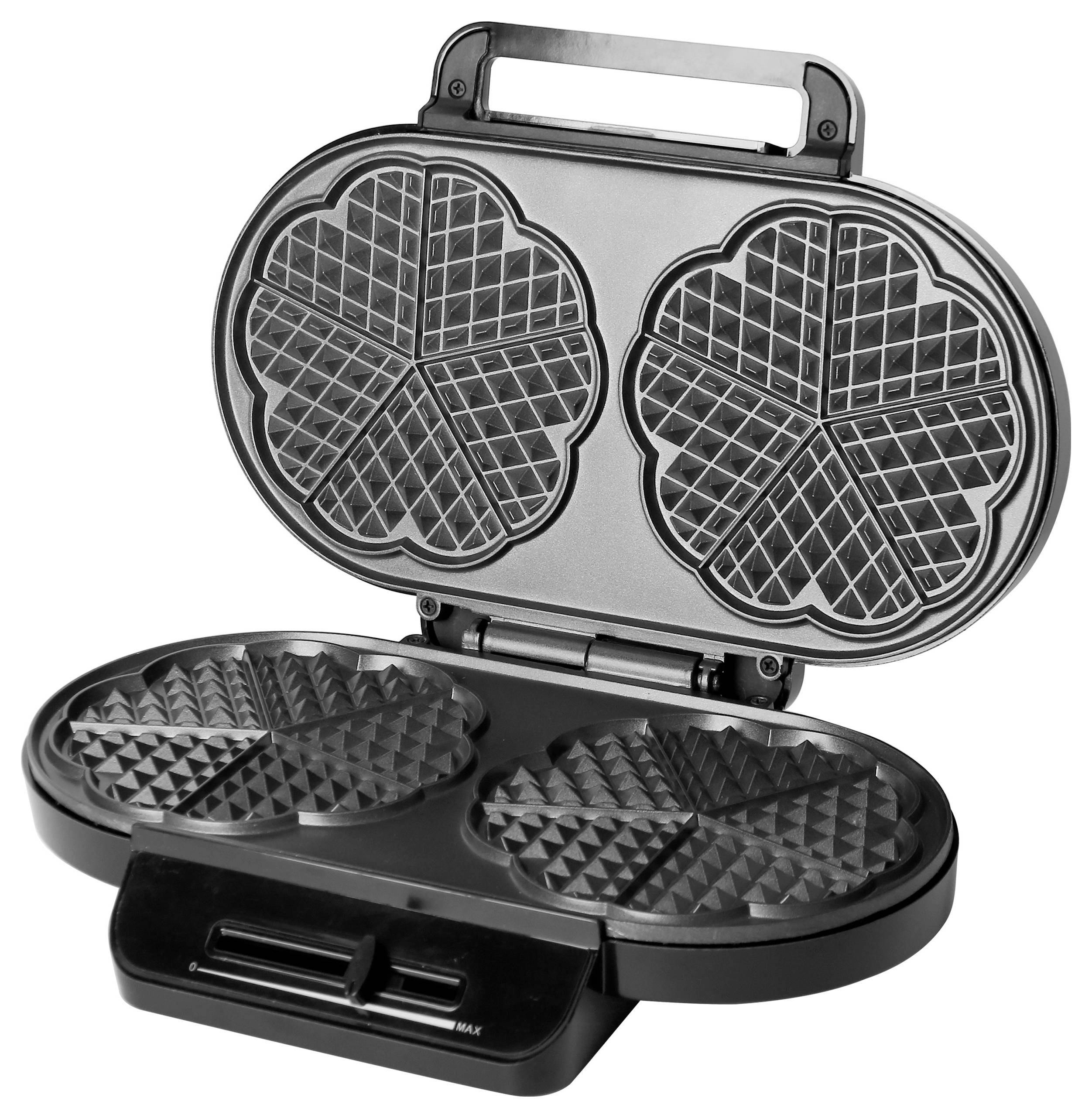 An open waffle iron with a heart-shaped waffle pattern on both sides, ready to bake two waffles simultaneously.