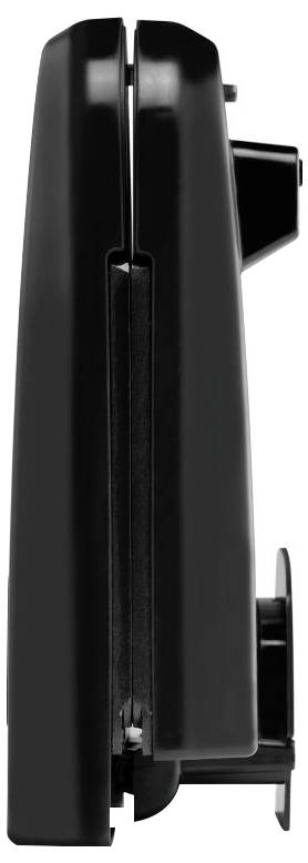 Side view of a black waffle iron in closed position, showing the thickness and hinge design of the appliance.