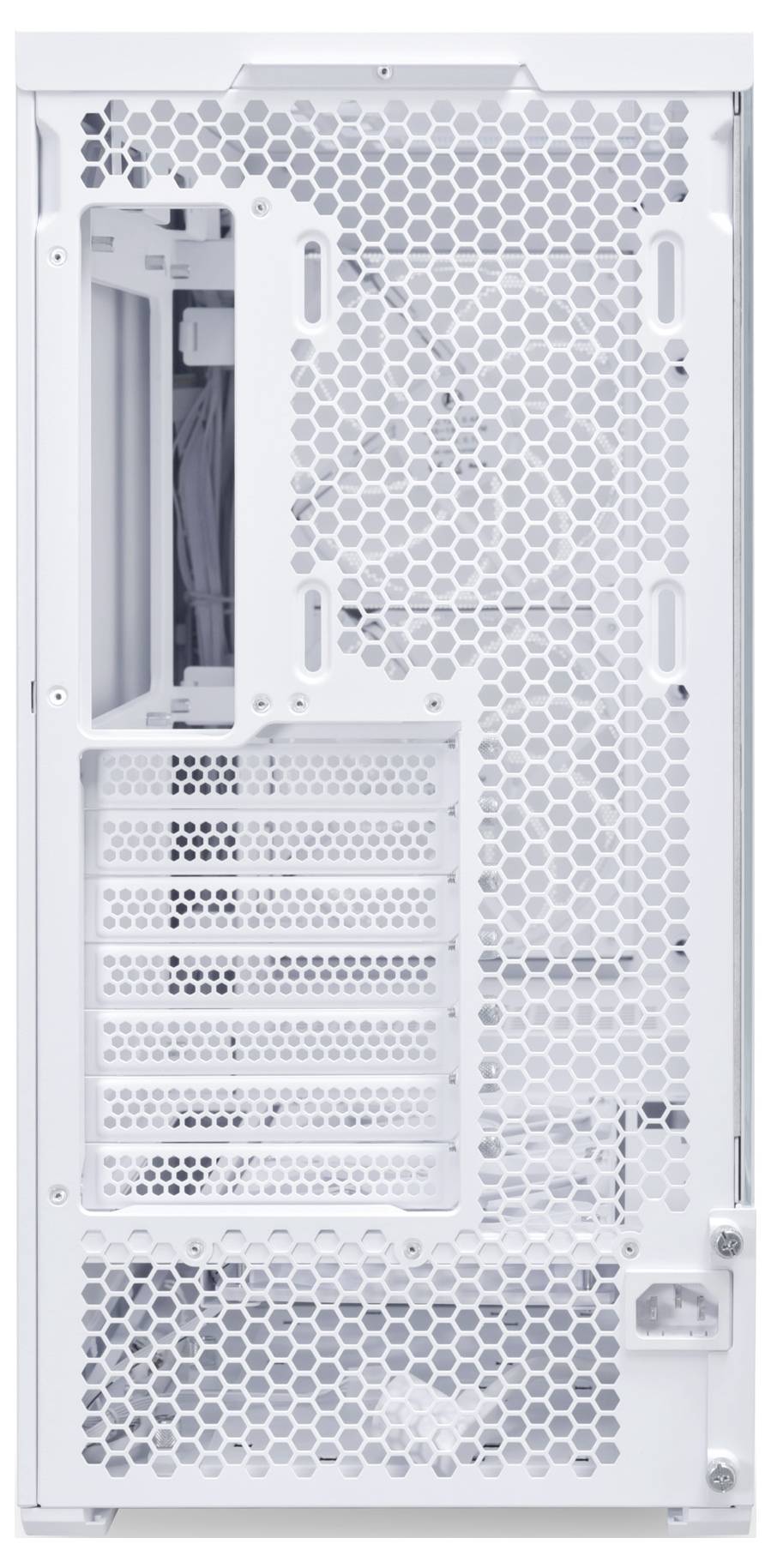 'White computer case back with a honeycomb-style ventilation pattern, multiple expansion slots and connections.'