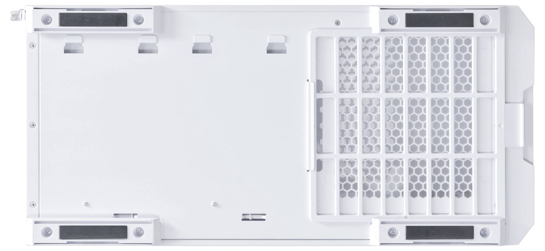 White, rectangular technical component with ventilation grilles and mounting points. Clearly structured for cooling and installation purposes.