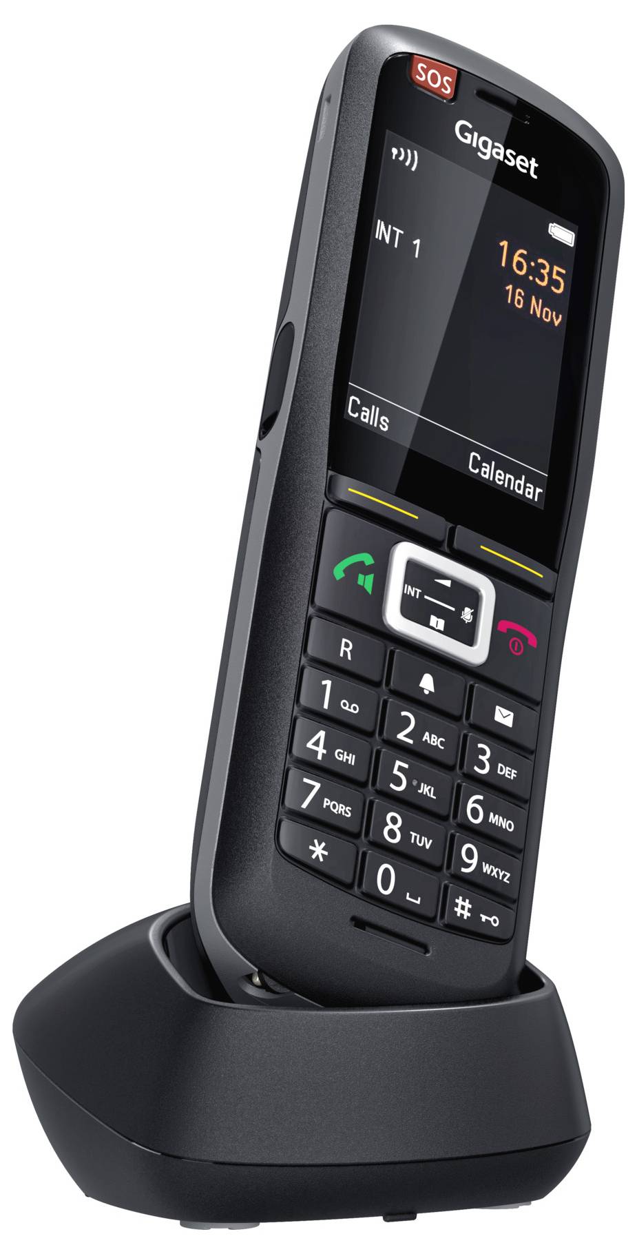 Wireless black telephone with SOS button, time 16:35. In charging station. Buttons with numbers and symbols clearly visible.