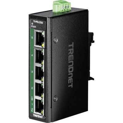 Industrial Ethernet PoE switch with five network ports and green LED indicators on the left side.