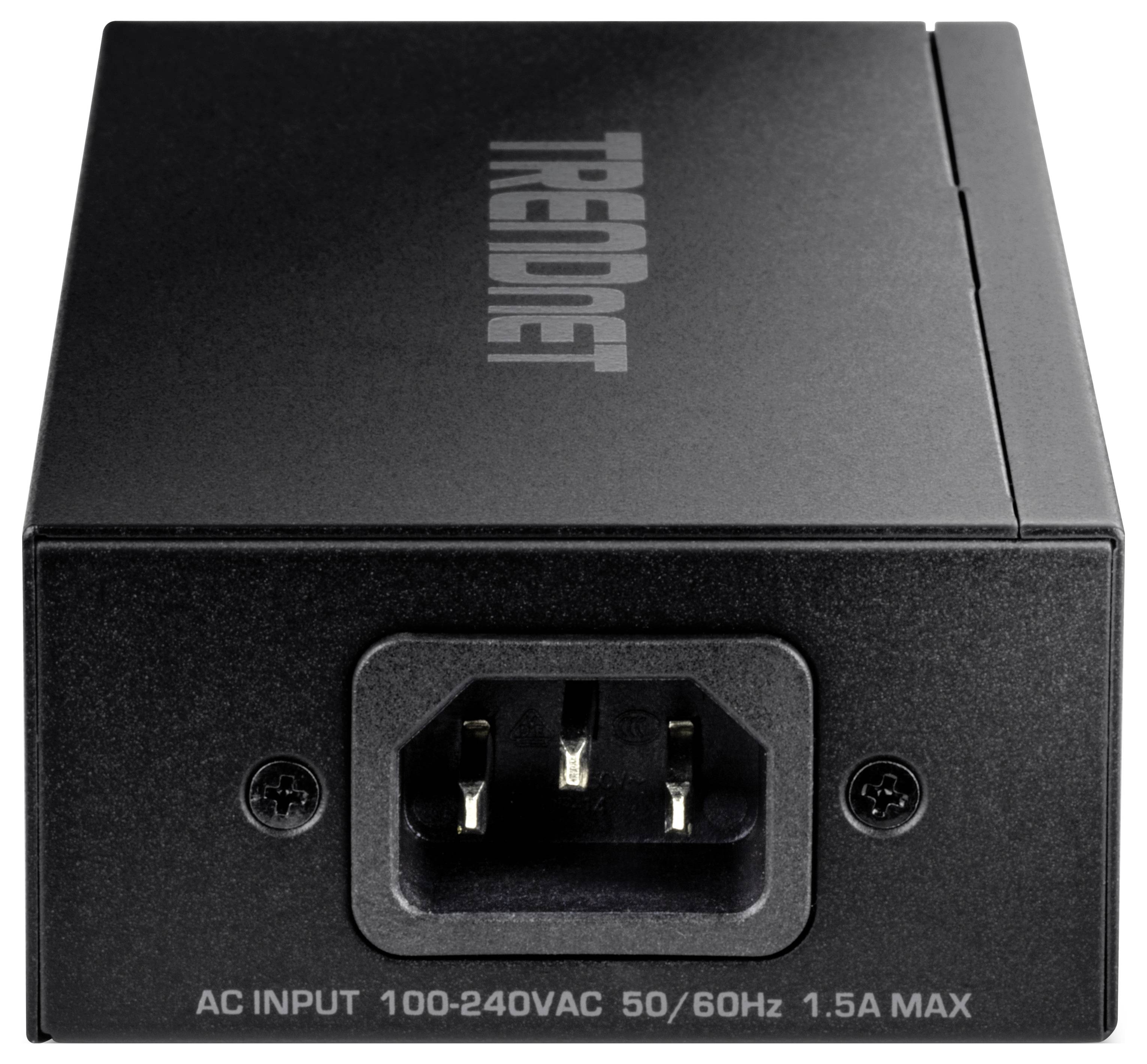 A black power adapter with the TRENDnet brand. It shows the AC input with specifications '100-240VAC 50/60Hz 1.5A MAX'.