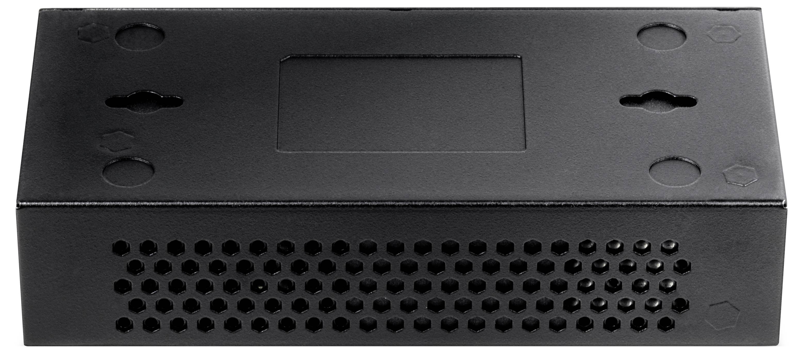A rectangular, black metal enclosure with ventilation holes on the front. Ideal for storing or protecting electronic components.