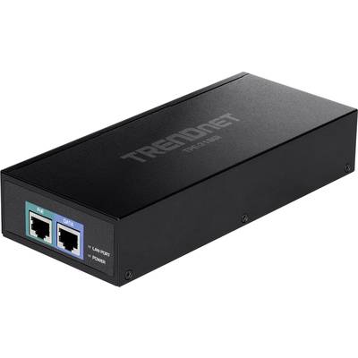 A black network PoE adapter by TRENDnet with two Ethernet ports, labelled as 'PoE' and 'Data'.
