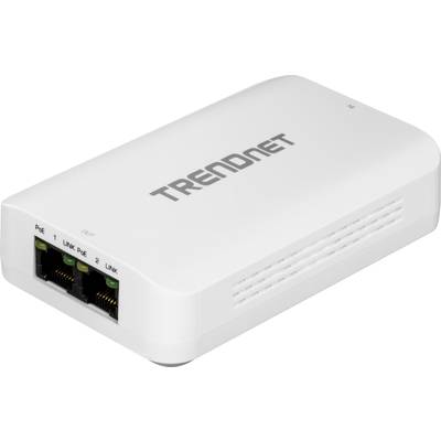 A white TRENDnet network PoE injector with two Ethernet ports, marked with '1' and '2'.