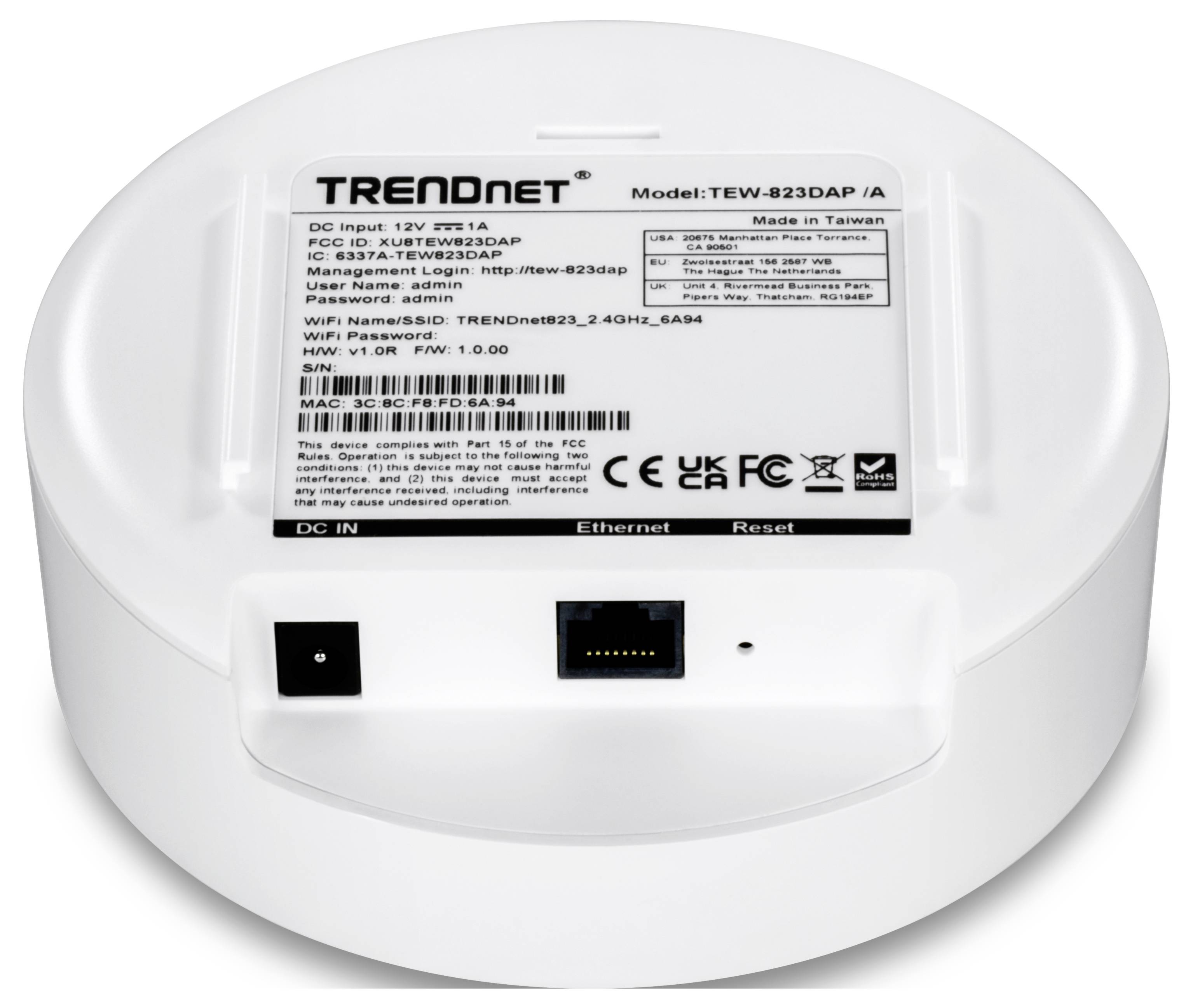 A white electronic device, model 'TEW-823DAP', with connections for power and Ethernet. Manufacturer: TRENDnet.