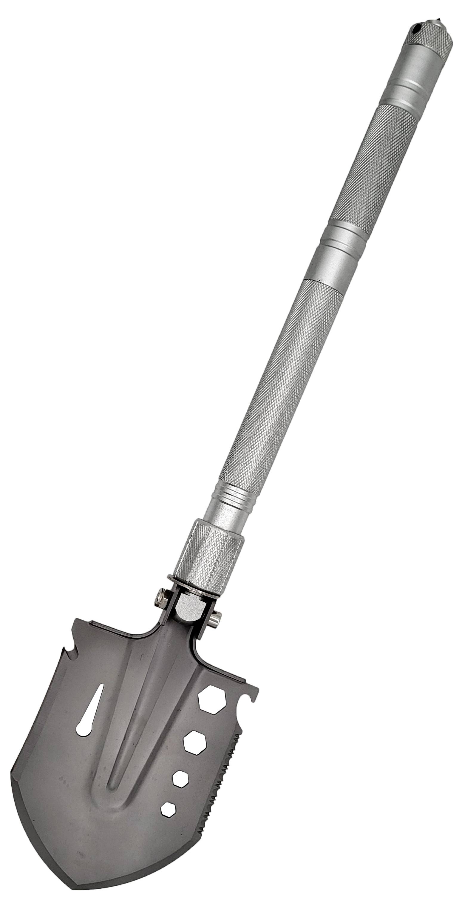 A multifunctional folding spade with a robust, grey metal head and a long, ribbed handle for outdoor activities.