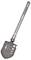 A multifunctional folding spade with a robust, grey metal head and a long, ribbed handle for outdoor activities.