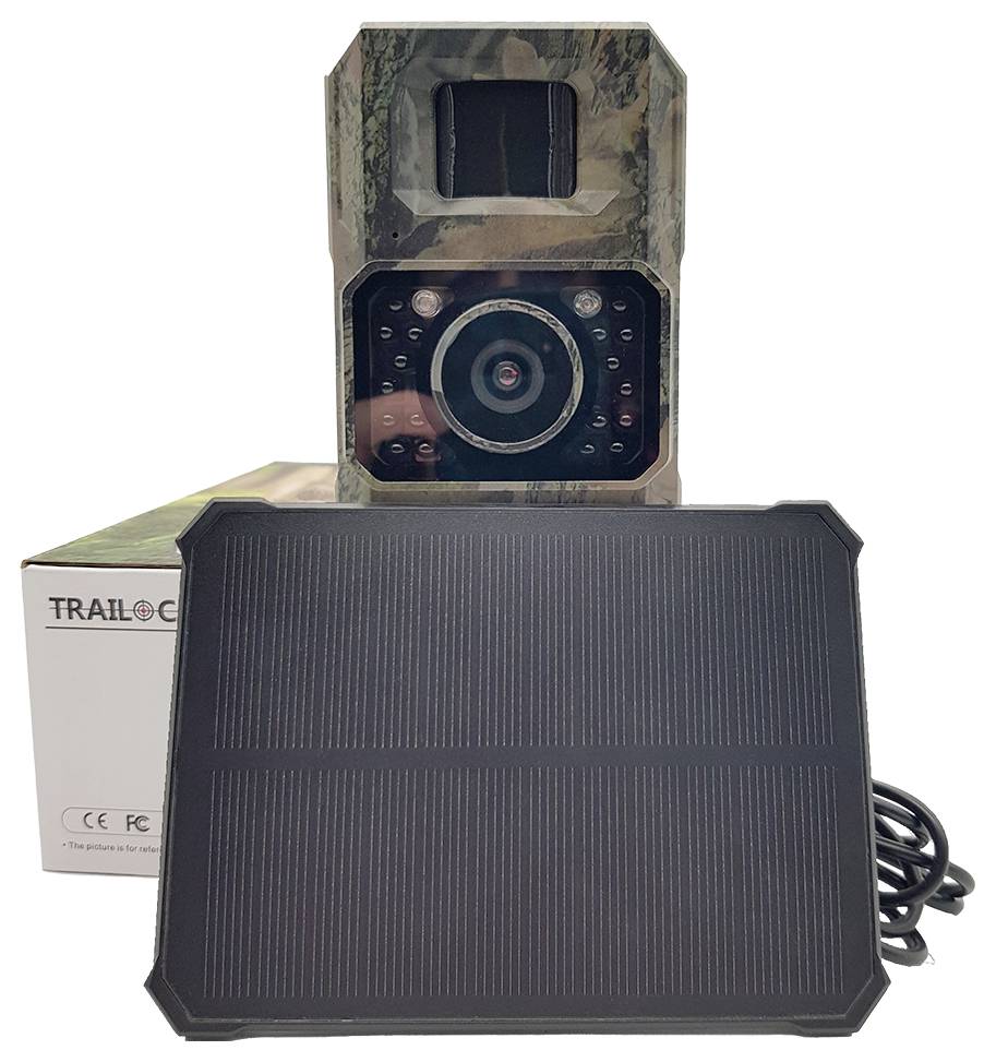 Wildlife camera with solar panel; Camera in camouflage pattern, solar panel black, both against a white background. No visible text on devices.