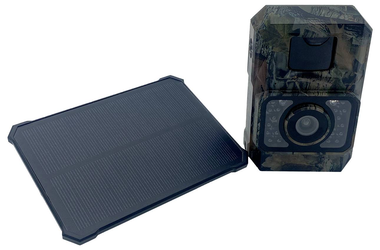 Wildlife camera with solar panel for power supply, in camouflage design, suitable for outdoor surveillance and animal observation.
