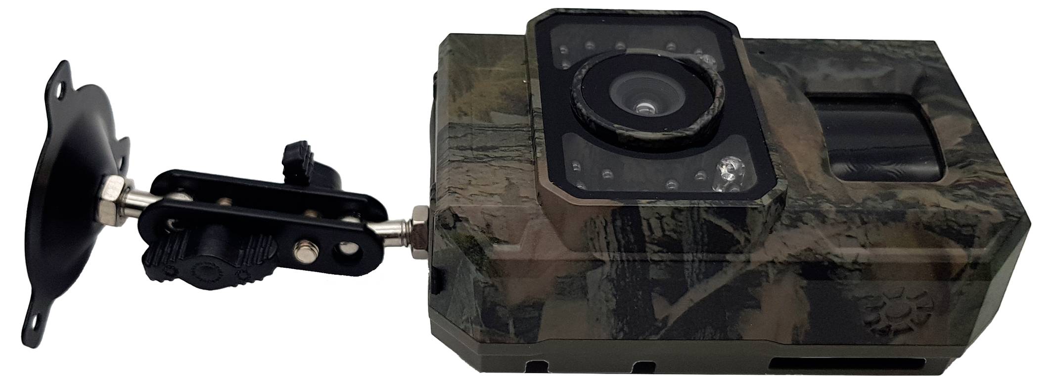 Wildlife camera in camouflage design with infrared sensor and mounting bracket for monitoring animals in their natural habitat.