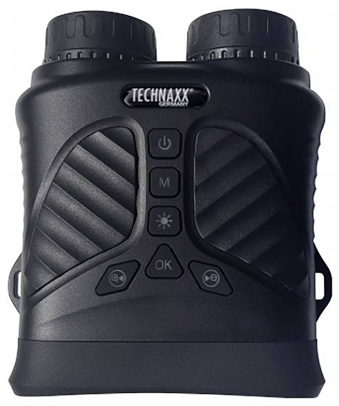 Black night vision device. Two lenses at the top, several buttons in the centre. Marking: 'Technaxx Germany'. Portable use.