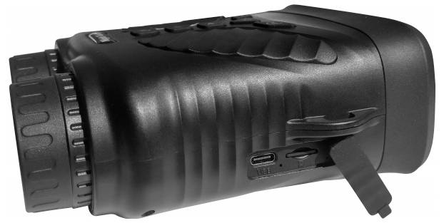 The image shows a night vision device in black with a USB port on its side.