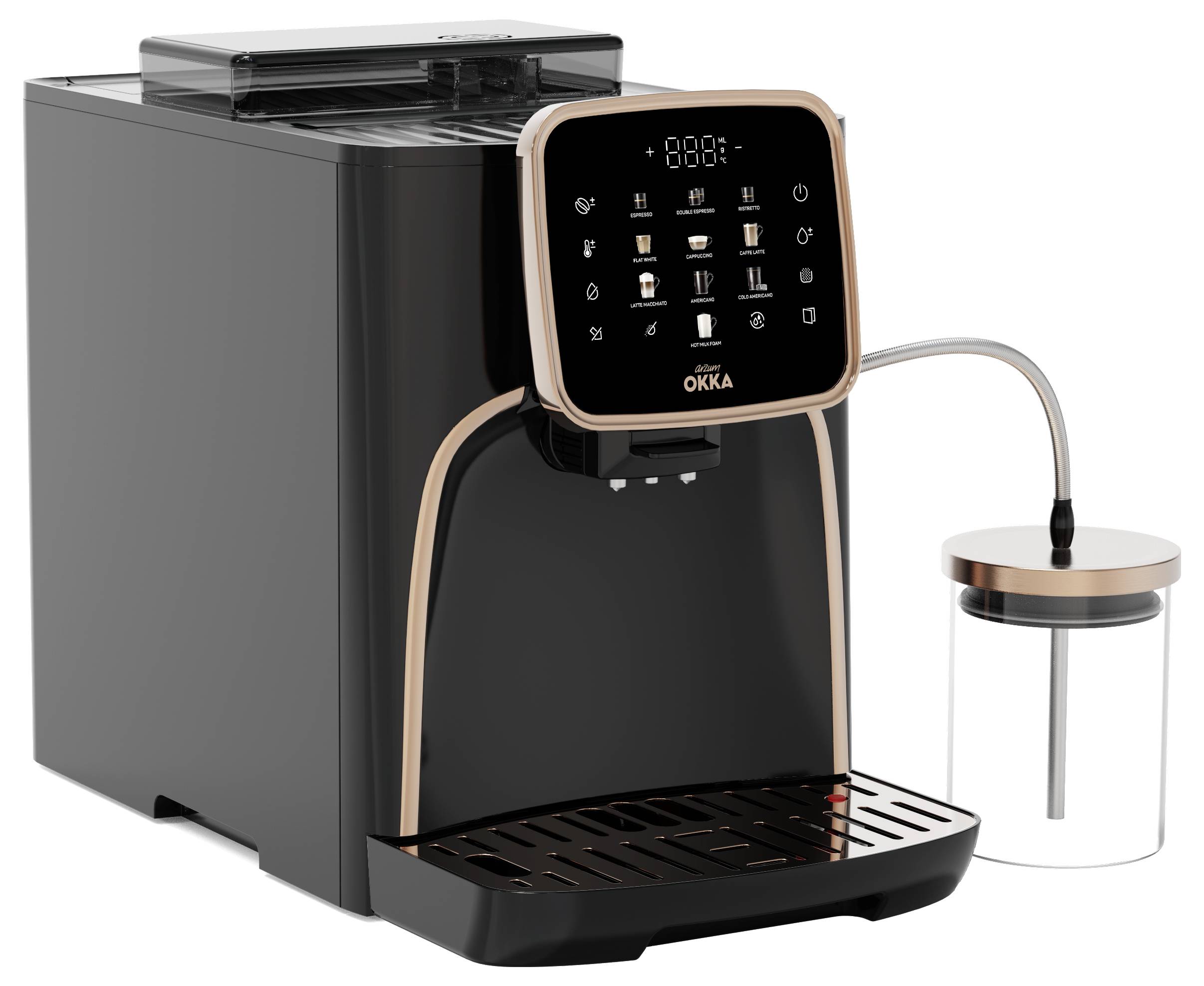 Black coffee machine with digital display and milk frother. Multiple buttons for different coffee options.