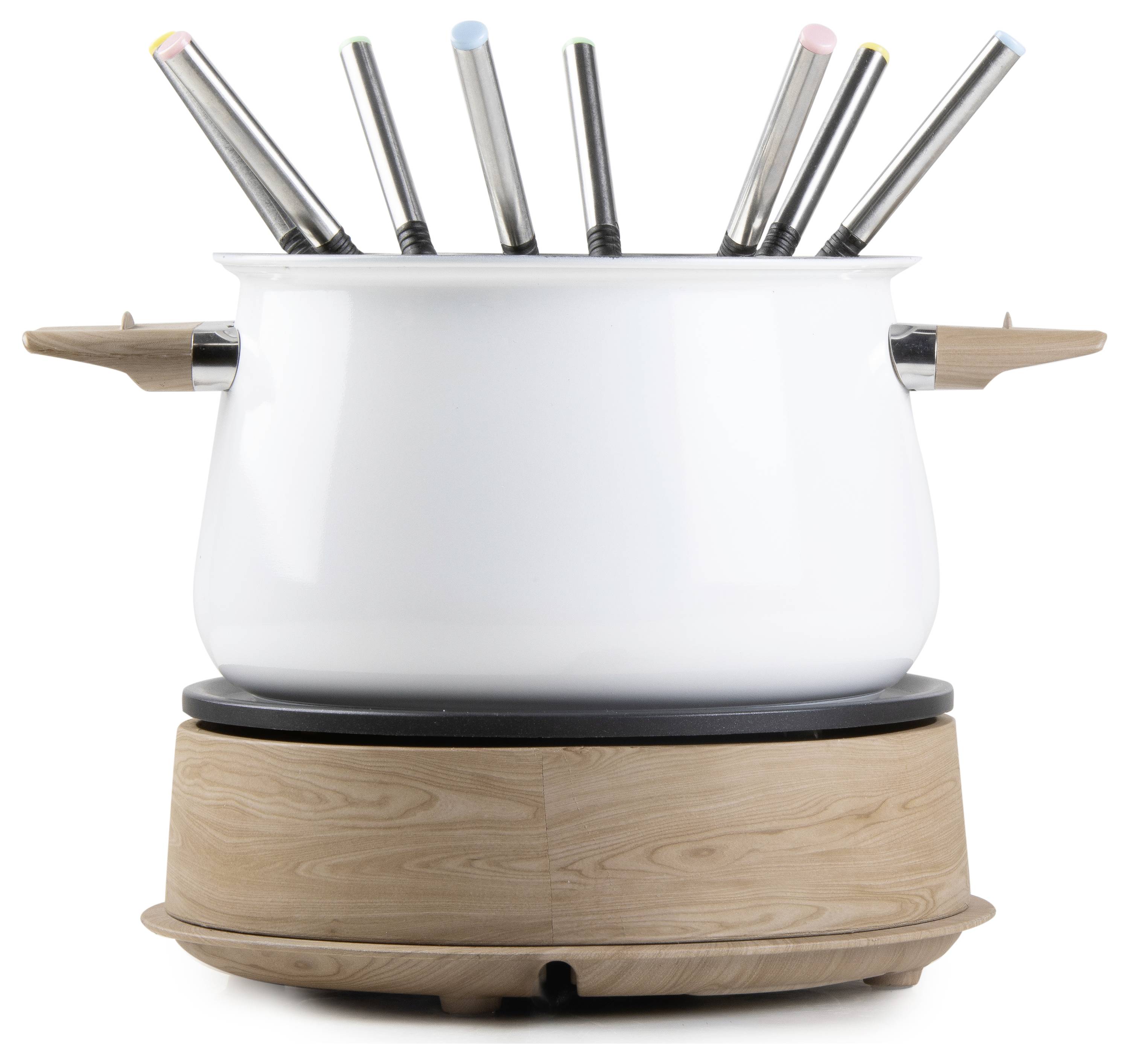 White fondue pot with several forks on a wooden-coloured stand.