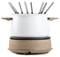 White fondue pot with several forks on a wooden-coloured stand.
