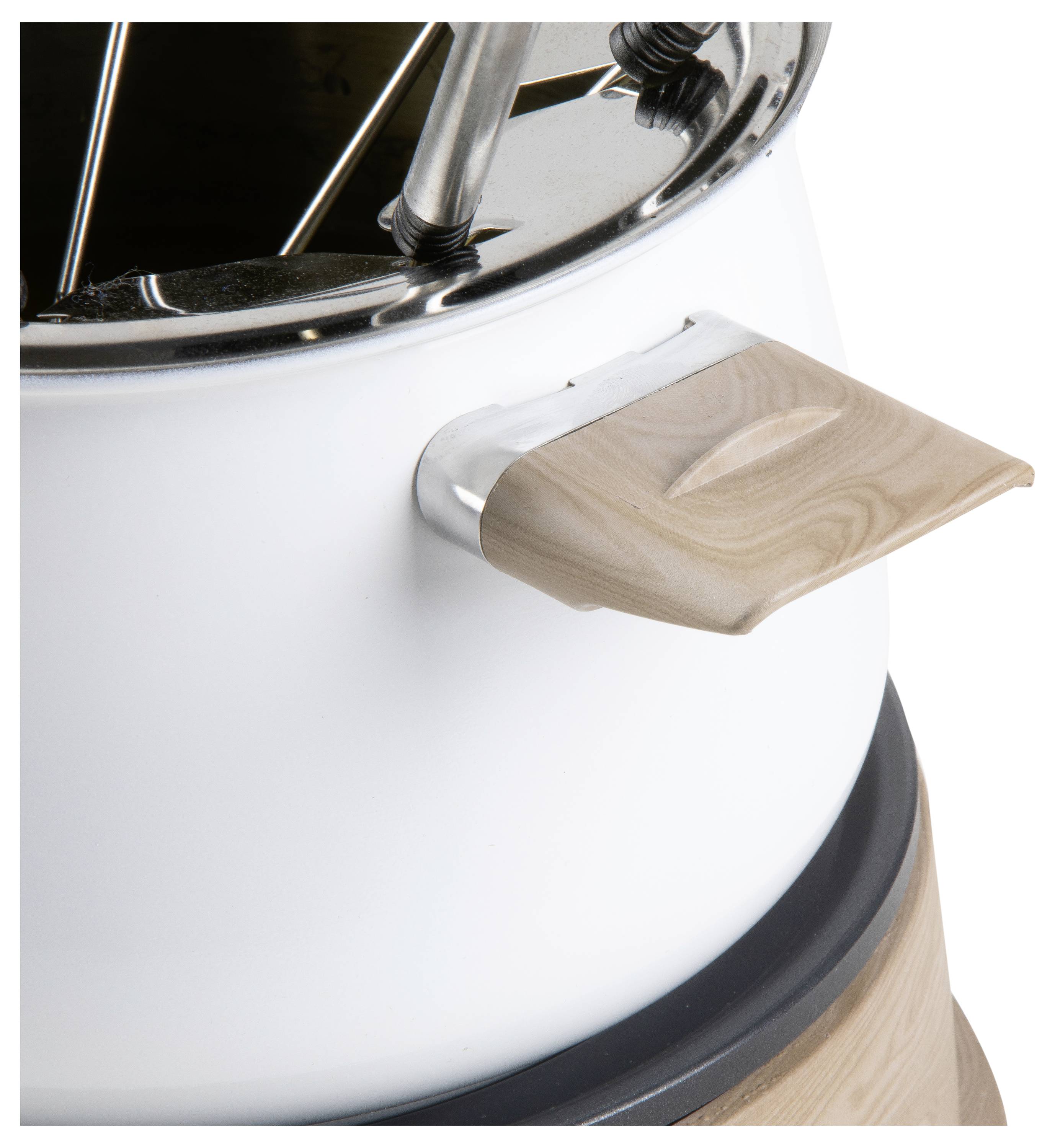 A toaster with an elegant design, white body and wooden handle for operation.