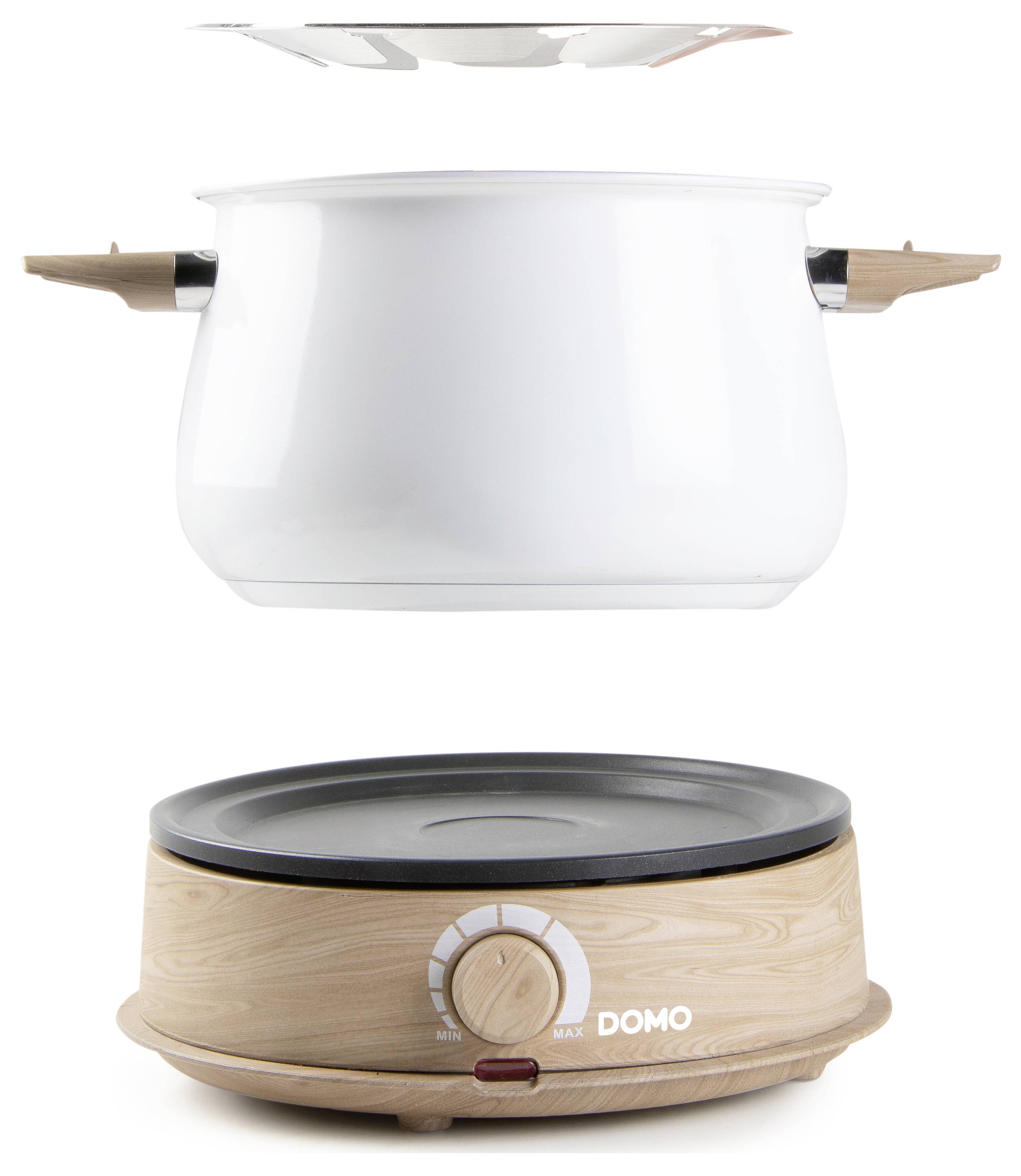 A white pot with wooden handles hovers over a round, wood-like hob with a rotary knob, brand 'Domo'.