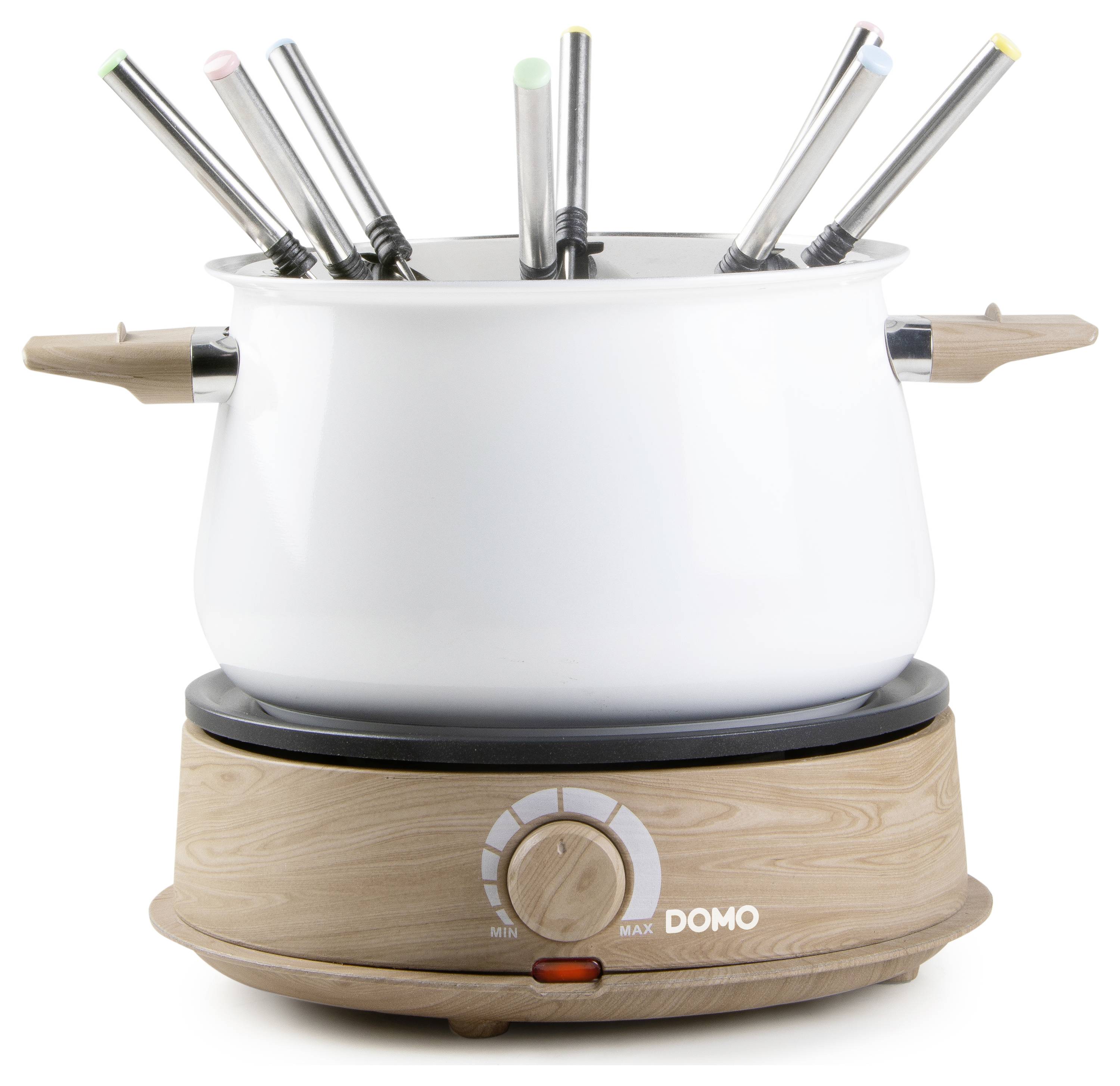 White electric fondue pot with wooden elements, eight fondue forks in different colours, temperature control on the front.