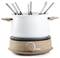 White electric fondue pot with wooden elements, eight fondue forks in different colours, temperature control on the front.