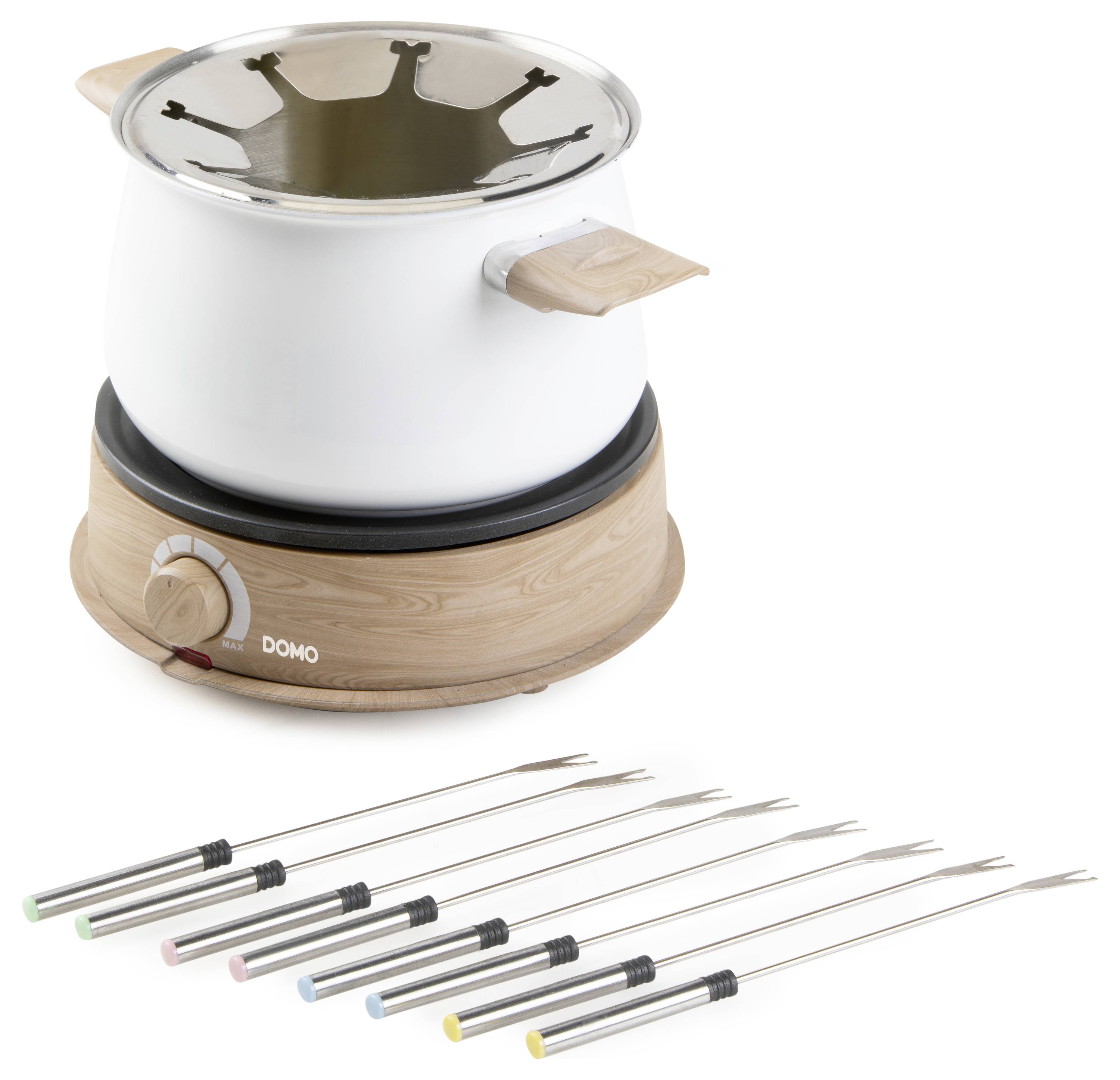 An electric fondue set with a white pot on a wooden base and eight forks with coloured markings.