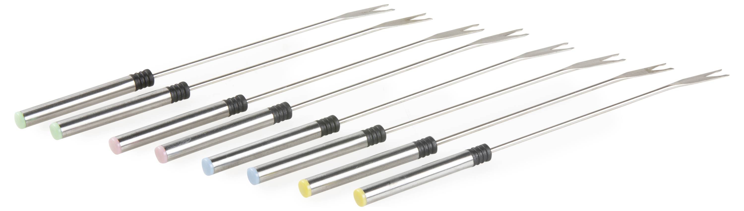 Eight fondue forks with coloured handles lying in a row, from left to right: green, pink, blue, yellow, black, green, pink, blue.
