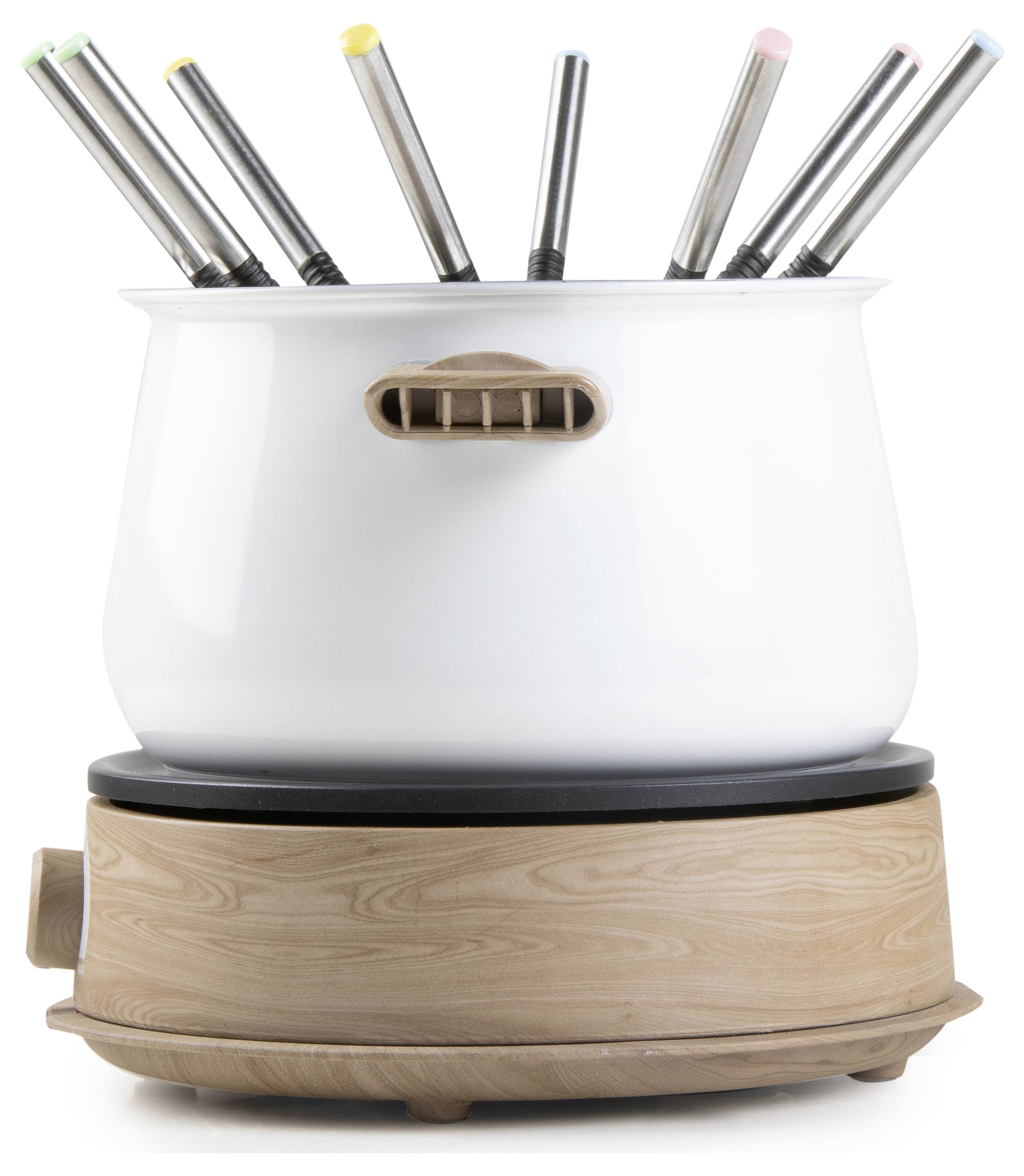 A white pot with handles, standing on a wooden base, contains several long stainless steel rods with coloured tips.
