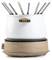 A white pot with handles, standing on a wooden base, contains several long stainless steel rods with coloured tips.
