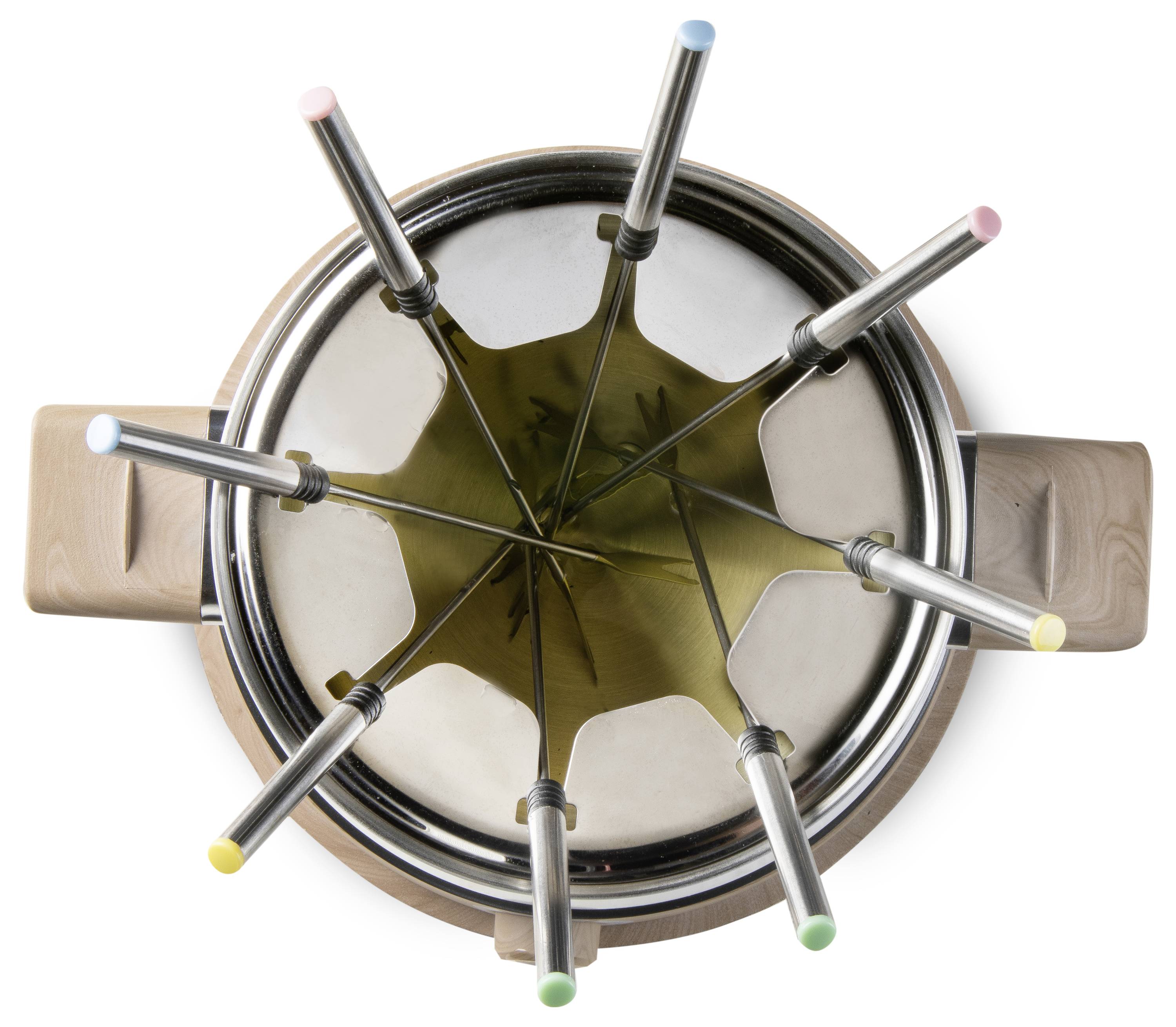 Seven fondue forks with different-coloured handles in a pot of melted contents, viewed from above.