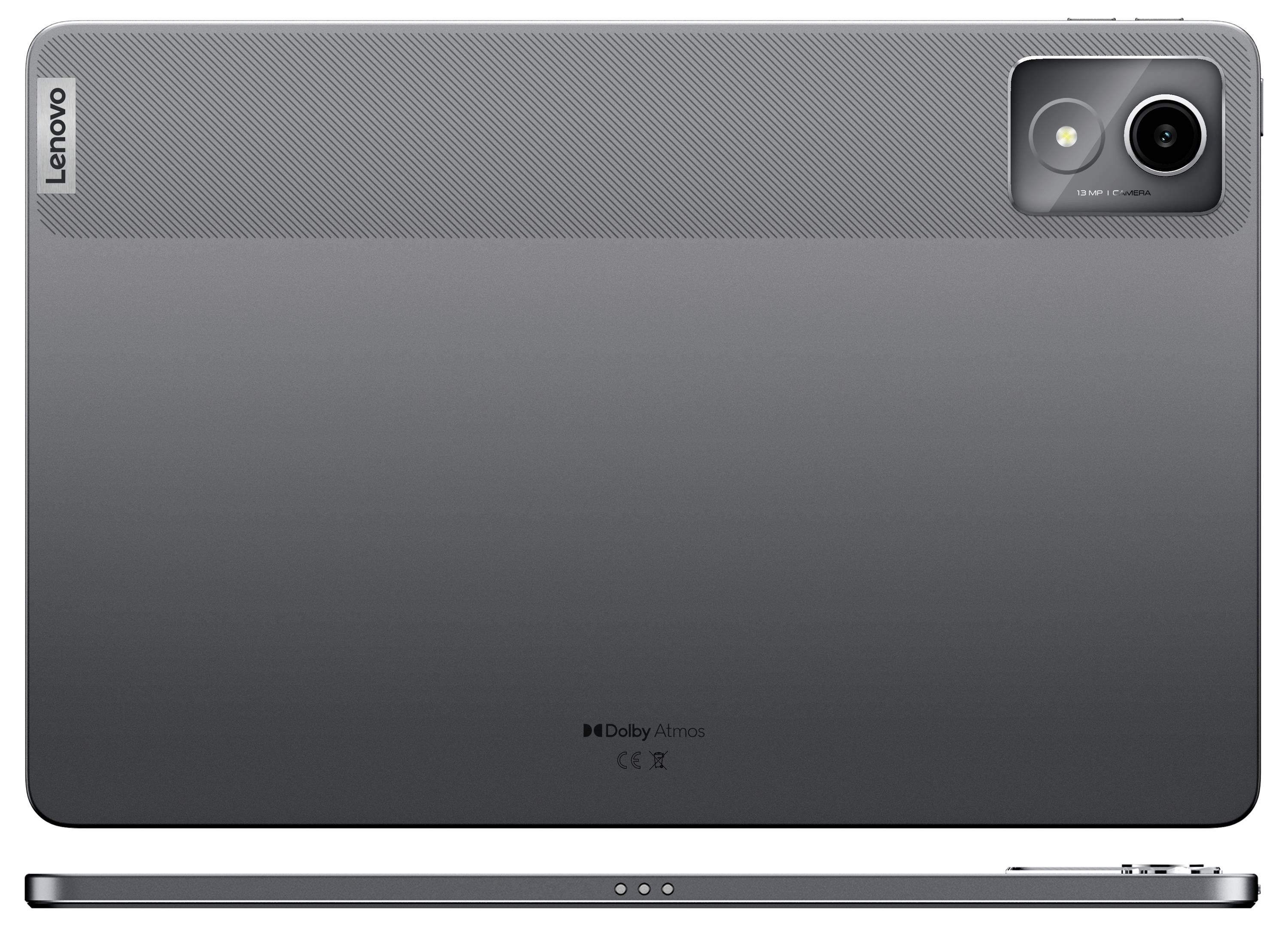 Tablet rear in dark grey with camera located top right and brand logo top left. Below that 'Dolby Atmos' and additional small symbols. Device is sleekly designed.