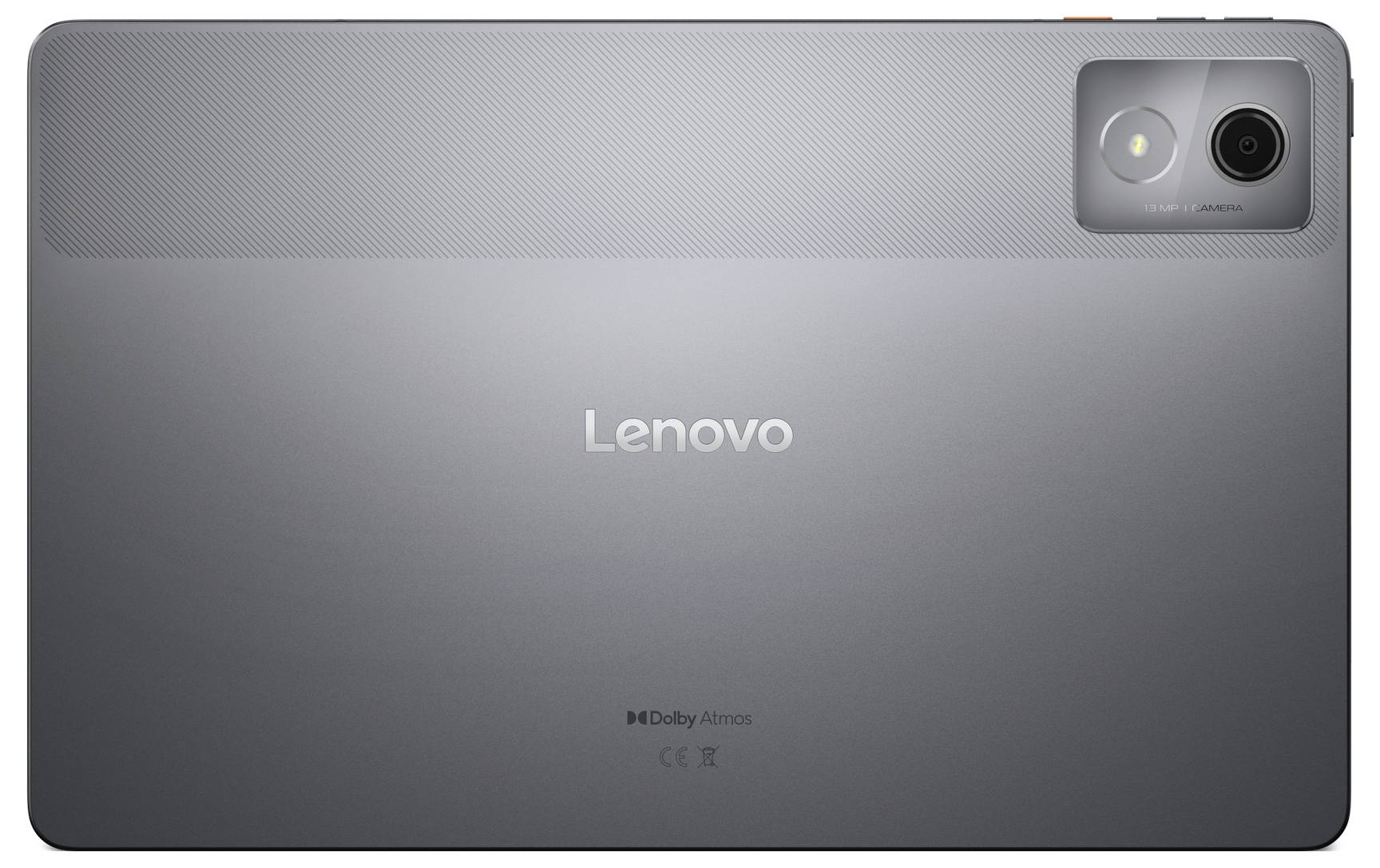 Back of a grey Lenovo tablet with camera and flash in the top corner. Dolby Atmos logo at the bottom of the rear panel.