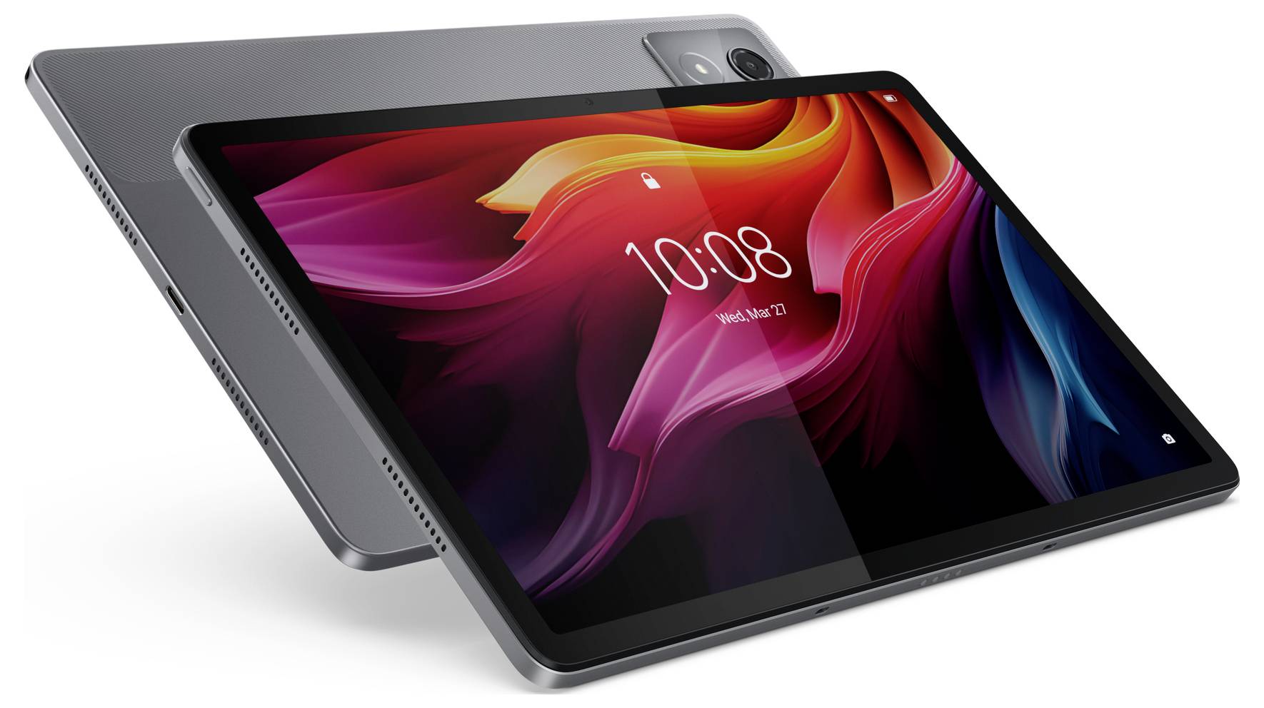 Two grey tablets with colourful displays, one lying down, the other standing upright. Screen of the front tablet shows '10:08'.