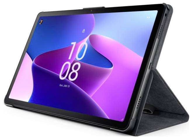 A tablet in a black casing with a blue and pink background on the screen, positioned in landscape orientation on a stand.