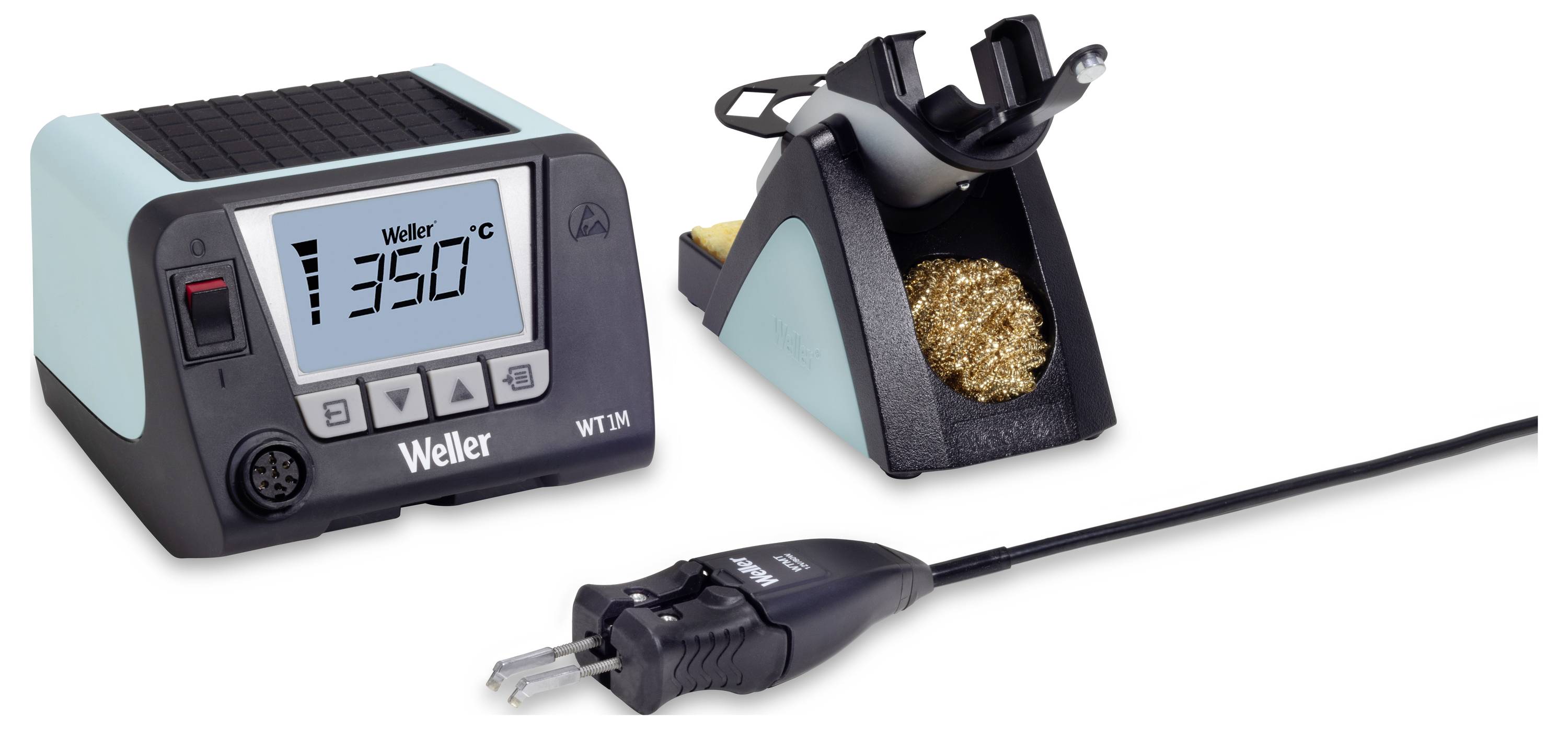 Soldering station with digital display showing '350 °C'. Includes a holder for the soldering iron with cleaning accessories.