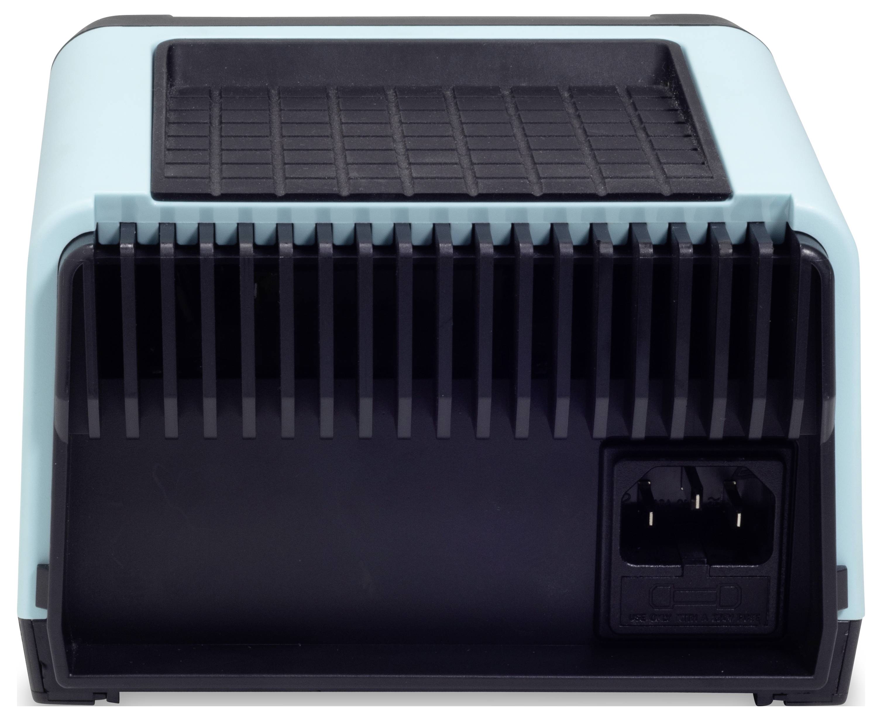 A black electrical device with a turquoise border and a plug socket on the back, likely for air filtration.