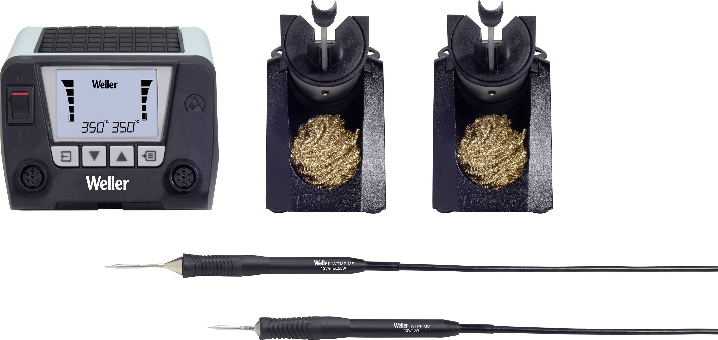 'Weller soldering station with digital display showing 350°, two holders with cleaning spiral, two fine soldering tips.'