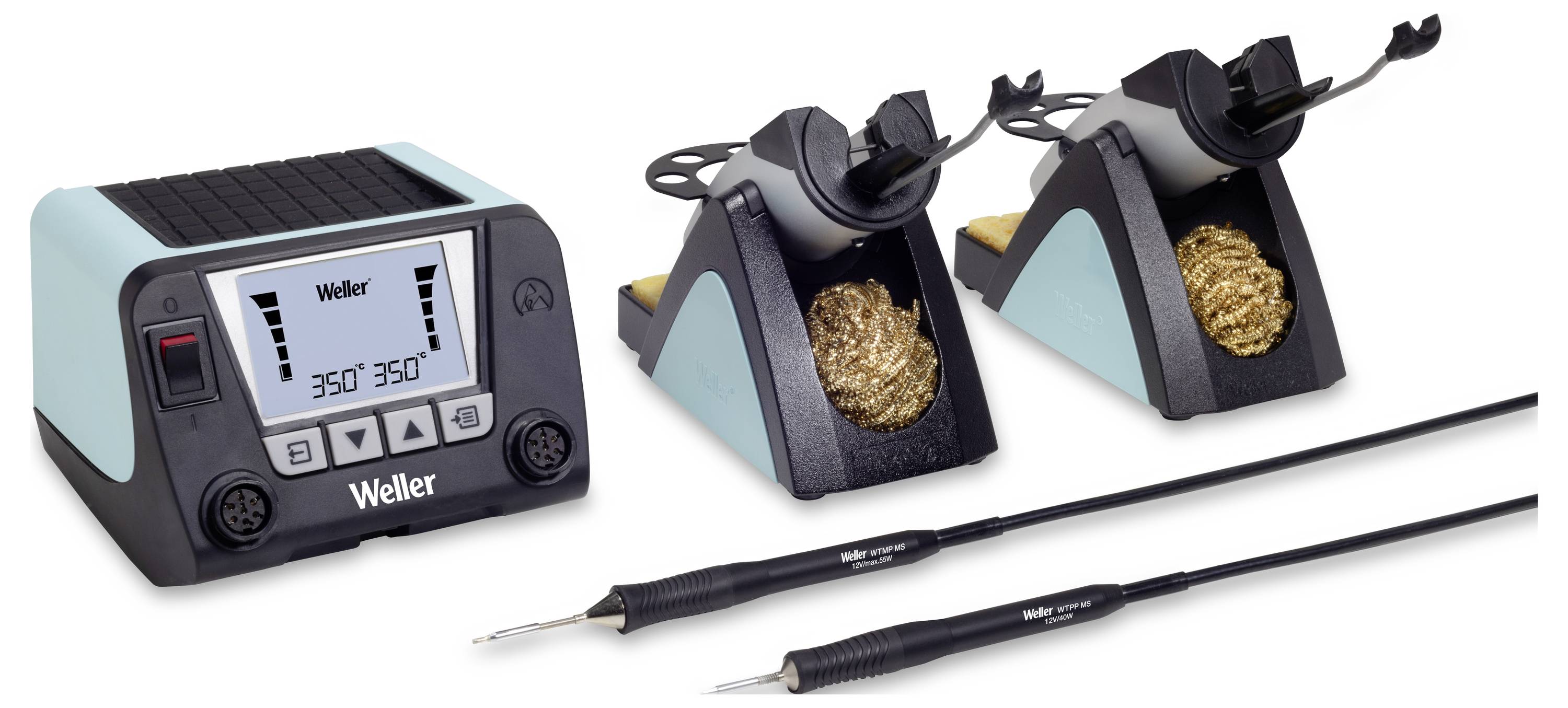 A Weller touchscreen soldering iron set with two stand holders and two soldering irons. Display shows temperature of '350°'.