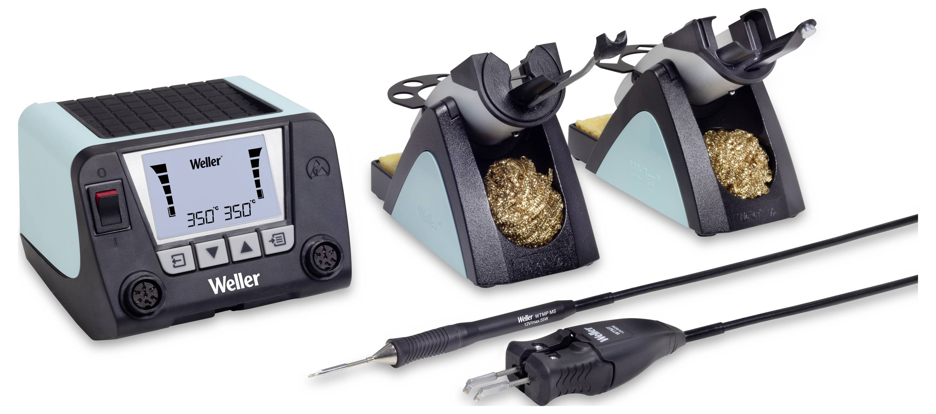 'Weller' soldering station with two soldering iron holders and cleaning pad. Temperature display shows '350°'. Includes accessories and power cable.
