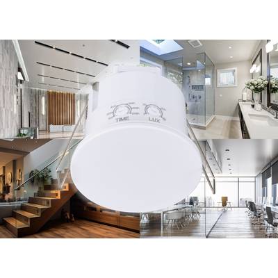 Motion sensor in a modern design, integrated into luxurious interiors such as living room, office, bathroom. Control for 'Time' and 'Lux'.