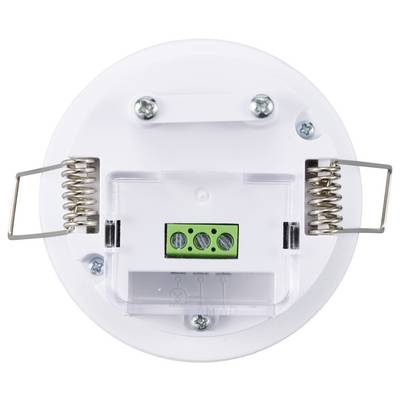 Connecting module with three green slots, two metal springs, and four screws mounted on a circular white base.